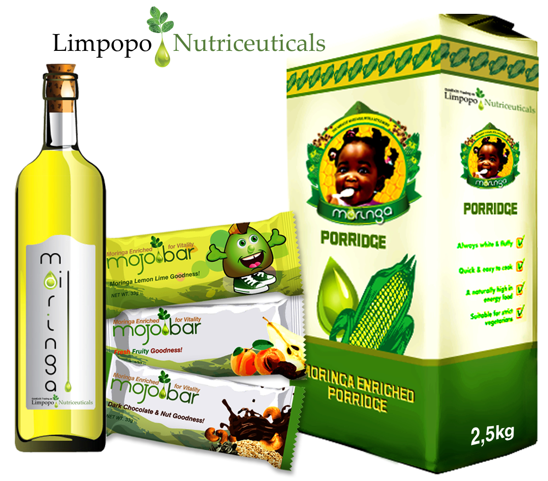 Limpopo Nutriceuticals Moringa product and packaging concepts including oil, snack bars and porridge