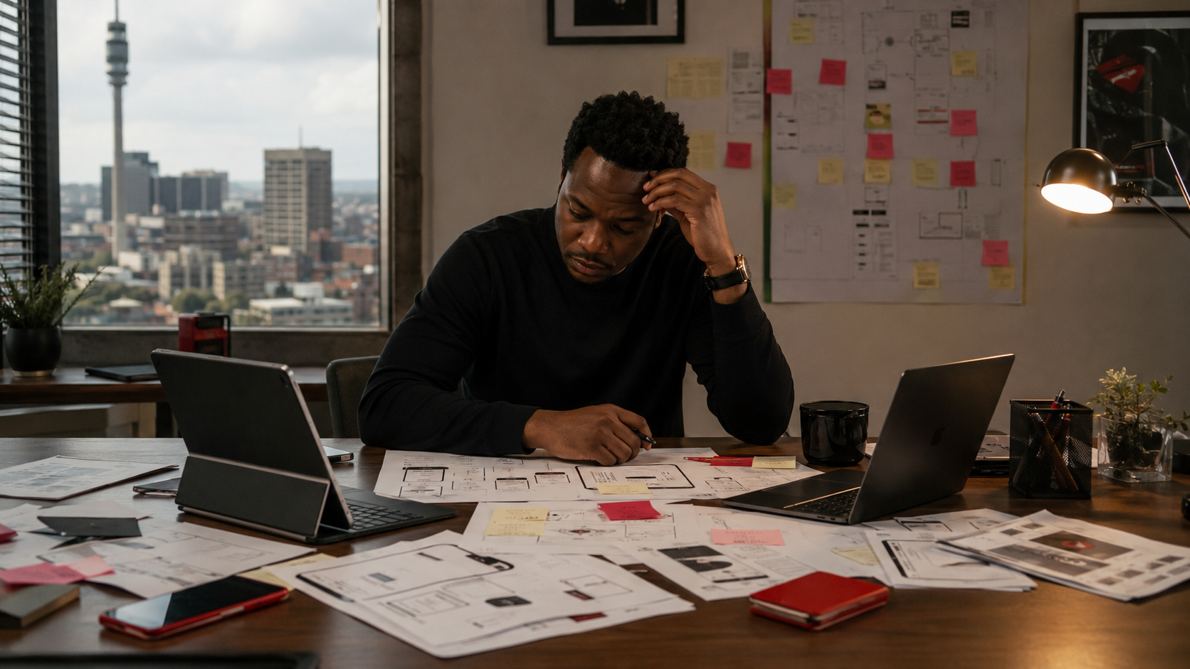 A founder reviewing extensive interface plans and working documents in a Johannesburg office