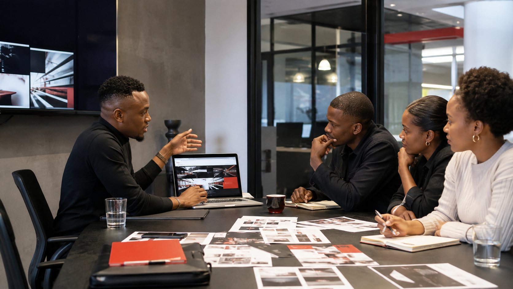 A project team reviewing a landing-page prototype and printed campaign material